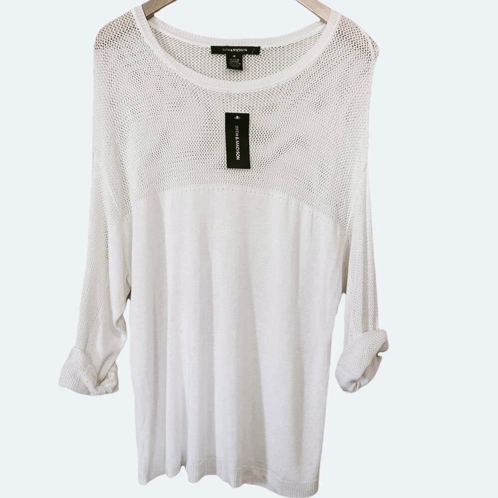 White Crochet Knit 3/4 Sleeve Top Women’s Size Medium Coastal Boho Beachy